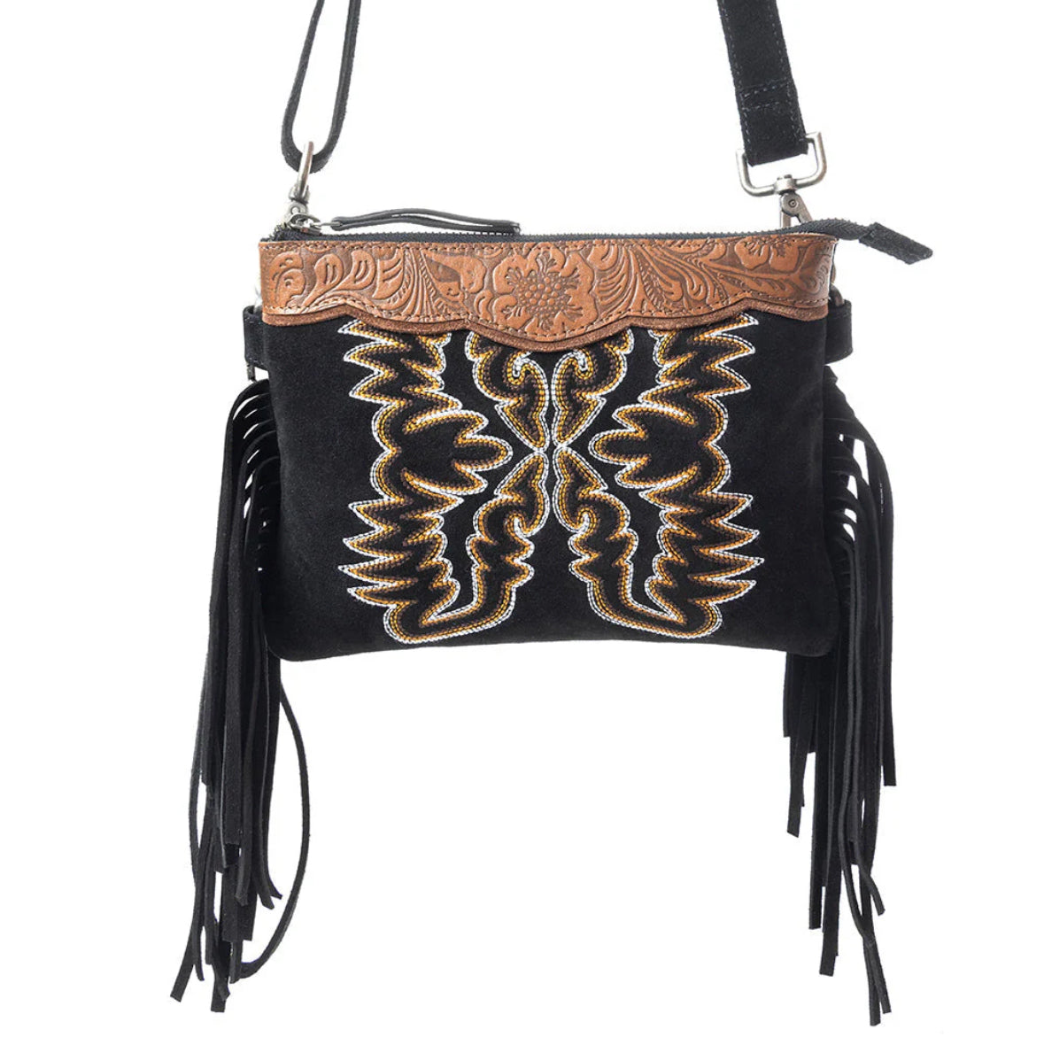 Black handbag with western embroidery and genuine suede leather with fringe detailing
