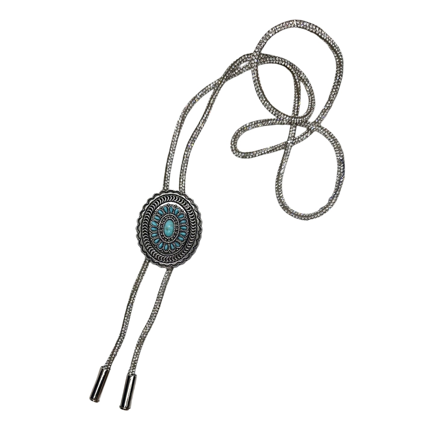 Bolo tie with turquoise stone and rhinestone rope
